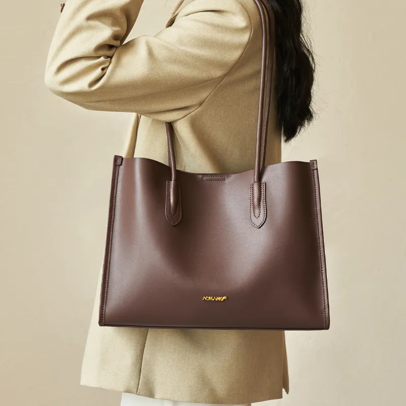 AOKANG Cow Leather Tote Bag, Schooling Bag, Commute Bag, Shoulder Bag Women's Gold Brown/Chestnut Brown/Classic Black-3