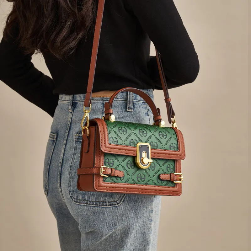 AOKANG Cow Leather Small Square Bag, Shoulder Bag, Crossbody Bag, Handbag Small Size Women's Agate Green/Gold Brown-2