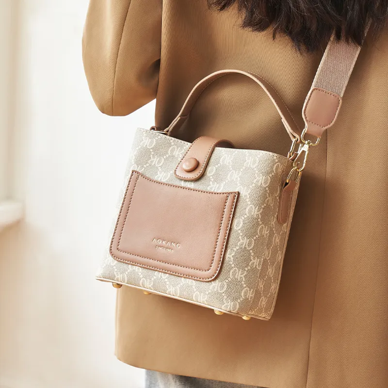 AOKANG PVC Bucket Bag, Handbag, Shoulder Bag, Crossbody Bag Regular Women's Cream Apricot/Coffee Brown-1