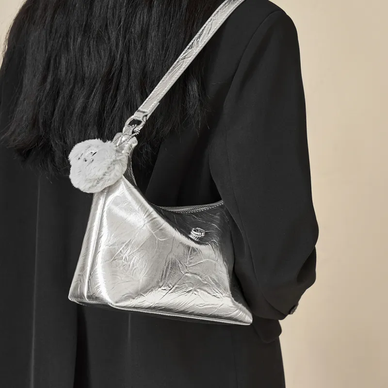 AOKANG Cow Leather Shoulder Bag Women's Starlight Silver/Classic Black-2