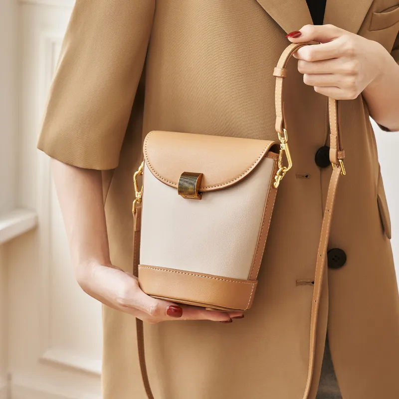 AOKANG Genuine Leather Bucket Bag, Shoulder Bag, Crossbody Bag Small Size Women's Coffee/Cream Apricot-9