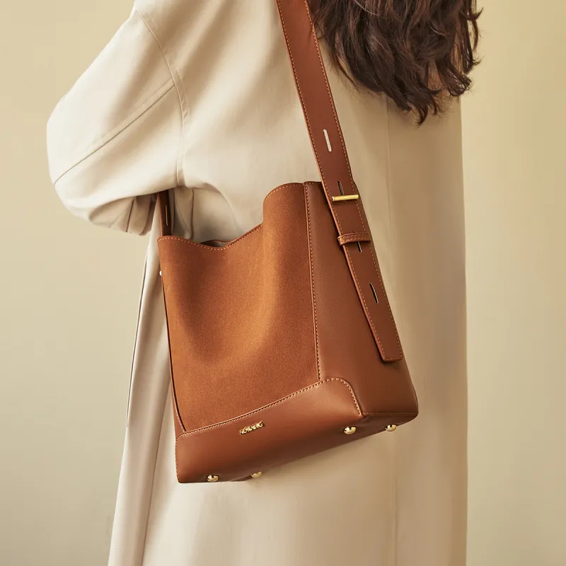 AOKANG Matte Cow Leather Bucket Bag, Shoulder Bag Medium Size Women's Caramel Brown/Dusk Gray/Cocoa Coffee-3