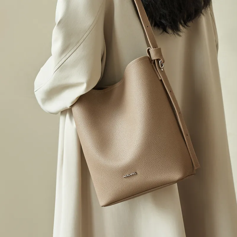 AOKANG Cow Leather Bucket Bag, Shoulder Bag Medium Size Women's Trench Gray/Cookie/Classic Black-3