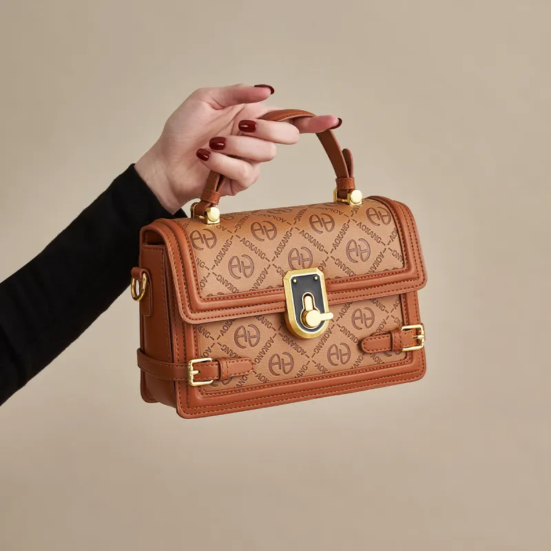 AOKANG Cow Leather Small Square Bag, Shoulder Bag, Crossbody Bag, Handbag Small Size Women's Agate Green/Gold Brown-6