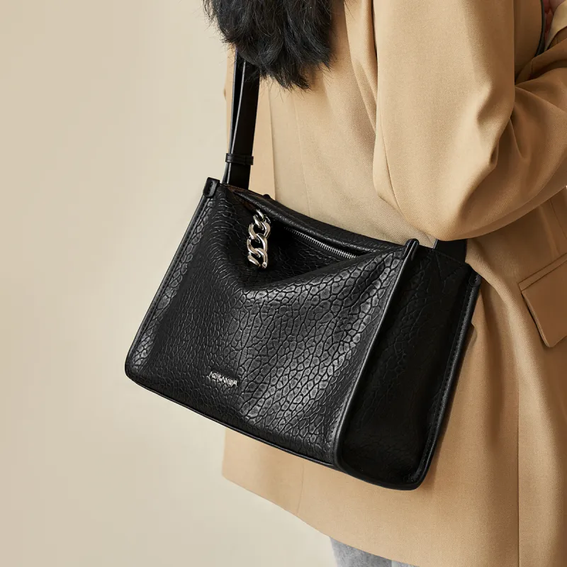 AOKANG Cow Leather Boston Bag, Pillow Bag, Tote Bag, Crossbody Bag Women's Classic Black/Milk Tea-3