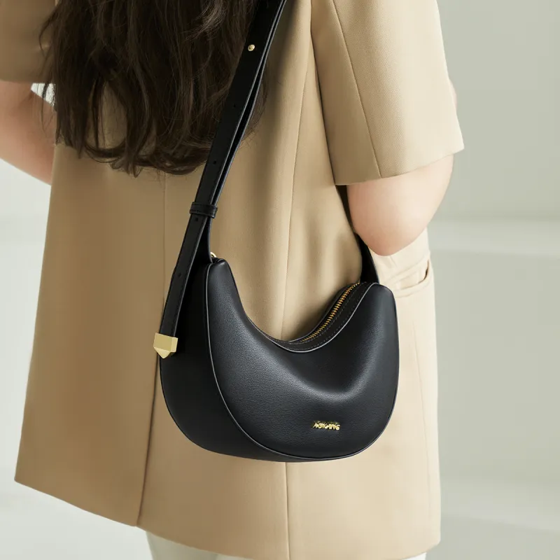 AOKANG Cow Leather Commute Bag, Croissant Bag, Crescent Bag, Shoulder Bag Small Size Women's Classic Black/Salt Khaki-1