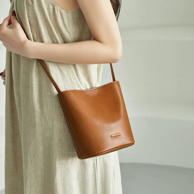 AOKANG Cow Leather Bucket Bag, Shoulder Bag, Crossbody Bag, Commuter Bag Regular Women's Mocha/Obsidian Black/Coffee-2