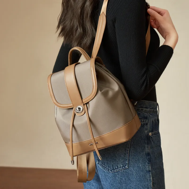 AOKANG Fabric, Synthetic Leather Backpack Commuter Bag Handbag Regular Women's Khaki/Classic Black-1