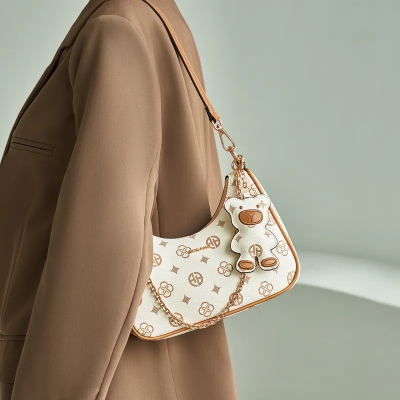 AOKANG PVC Shoulder Bag, Croissant Bag Regular Women's Coffee/Ecru-5
