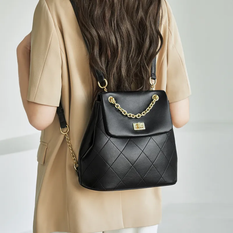AOKANG Cow Leather Backpack, Diamond Pattern Chain Bag, Commuter Bag Medium Size Women's Classic Black/Ecru-10