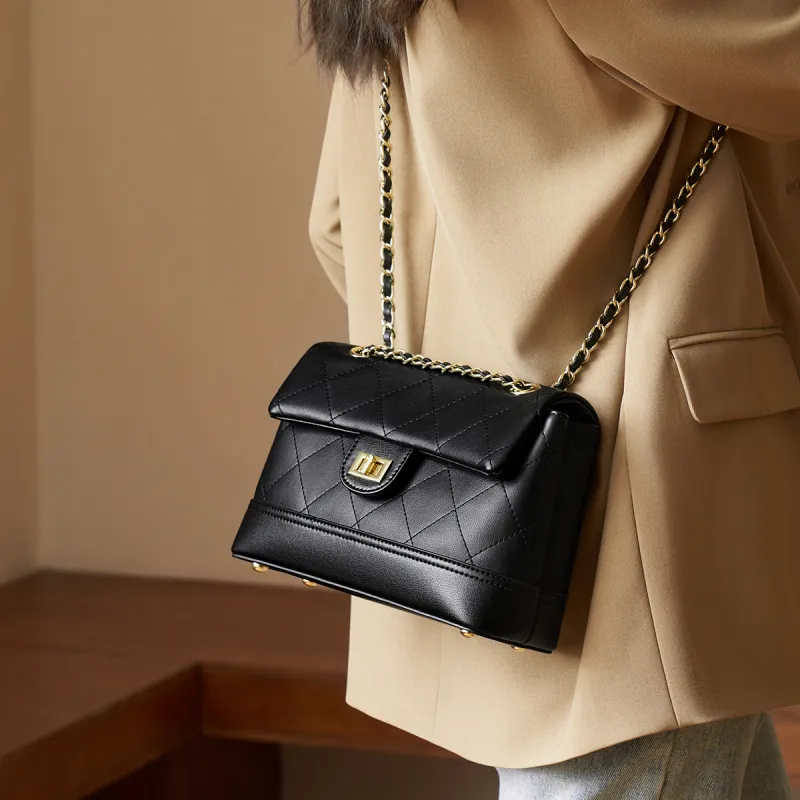 AOKANG Cow Leather Diamond Pattern Chain Bag, Shoulder Bag, Crossbody Bag, Hobo Bag Regular Women's Classic Black/Ecru-3