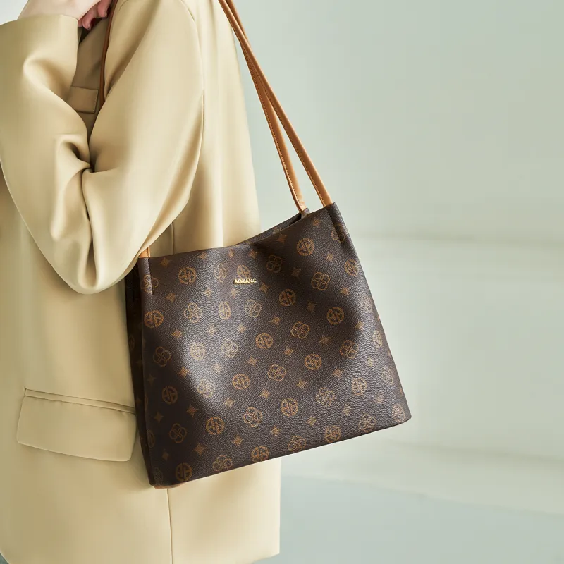 AOKANG PVC Tote Bag, Shoulder Bag, Commuter Bag, Shopping Bag Women's Coffee/Ecru-1
