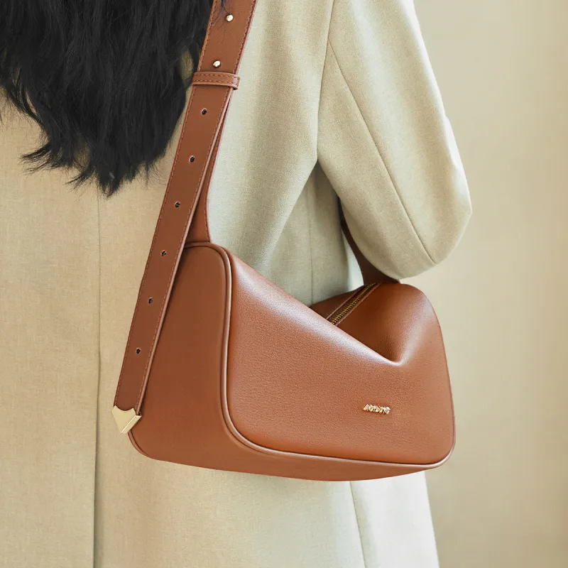 AOKANG Cow Leather With Synthetic Leather Shoulder Bag Women's Classic Black/Caramel Brown/Cream Apricot-7