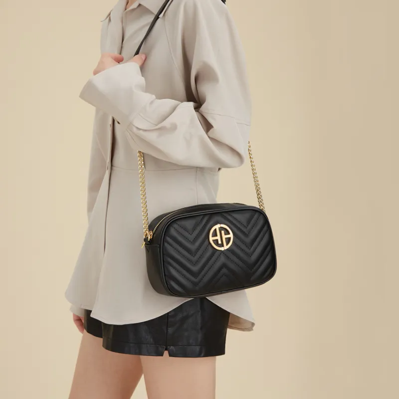 AOKANG Cow Leather Shoulder Bag With Diamond Pattern Chain, Crossbody Bag Regular Women's Classic Black/Milkshake White-31