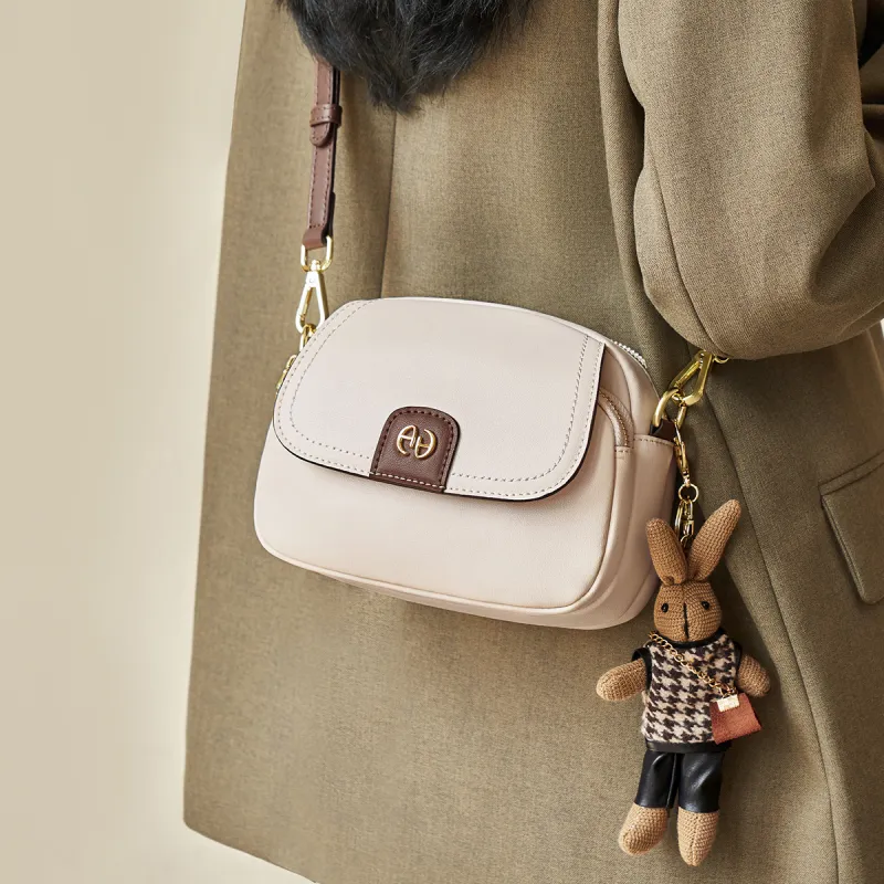 AOKANG Cow Leather Handbag Shoulder Bag Crossbody Bag Small Size Women's Caramel Brown/Milkshake White-6