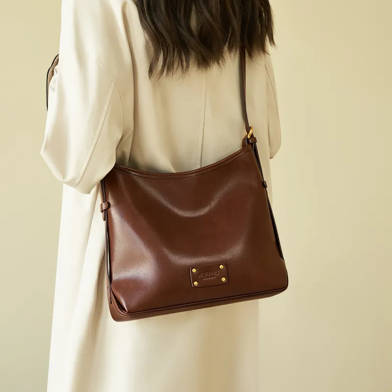 AOKANG Vegetable Tanned Cow Leather Tote Bag, Shoulder Bag, Crossbody Bag Regular Women's Coffee/Beige Apricot-3