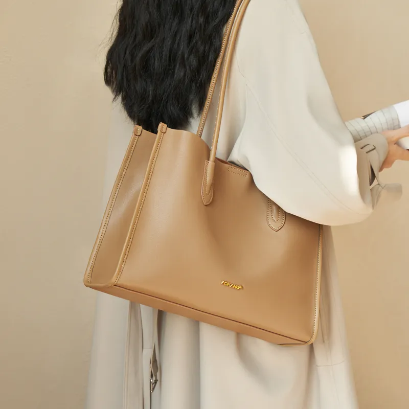 AOKANG Cow Leather Tote Bag, Schooling Bag, Commute Bag, Shoulder Bag Women's Gold Brown/Chestnut Brown/Classic Black-13