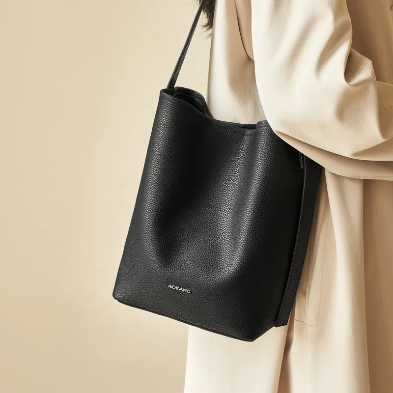AOKANG Cow Leather Bucket Bag, Shoulder Bag Medium Size Women's Trench Gray/Cookie/Classic Black-11