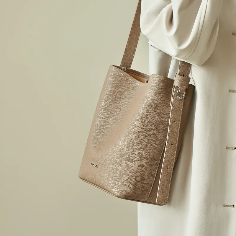 AOKANG Cow Leather Bucket Bag, Shoulder Bag Medium Size Women's Trench Gray/Cookie/Classic Black-1