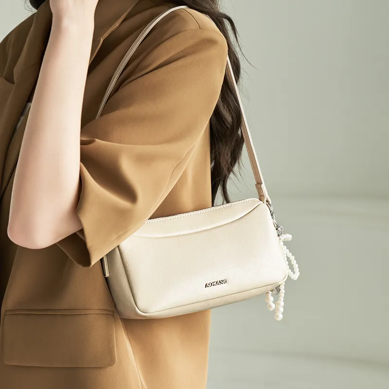 AOKANG Cow Leather Handbag, Shoulder Bag Women's Midnight Black/Milk White/Starlight Silver-6