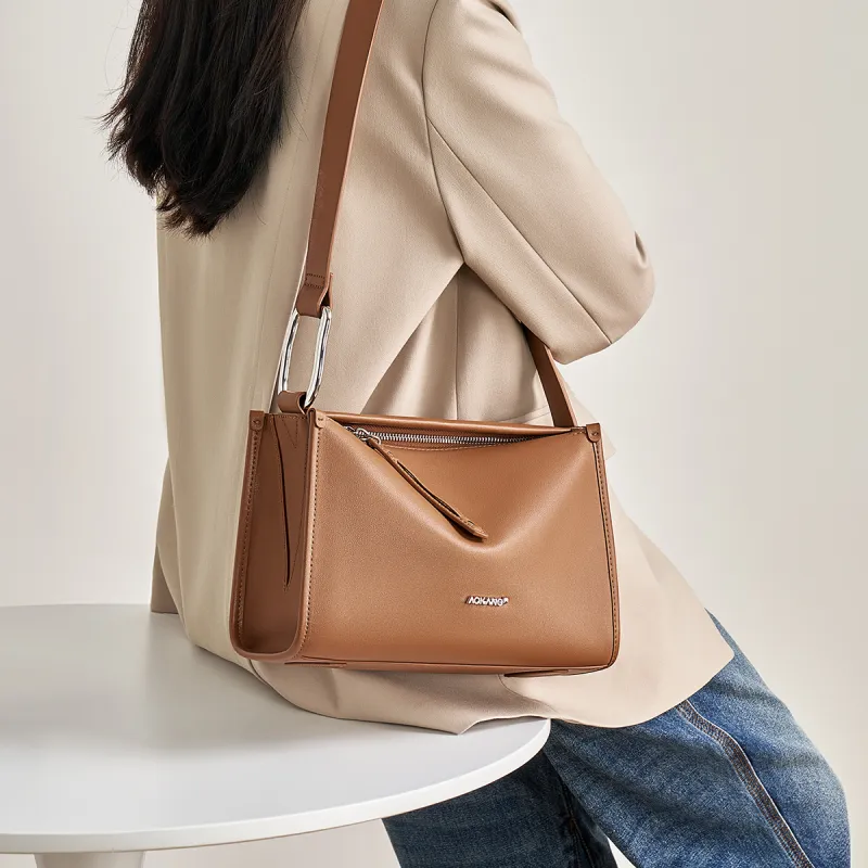 AOKANG Cow Leather Crossbody Bags Medium Size Women's Cream Apricot/Misty Brown/Ecru-1