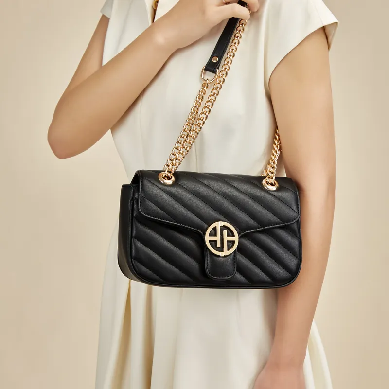 AOKANG Cow Leather Shoulder Bag With Diamond Pattern Chain, Crossbody Bag Regular Women's Classic Black/Milkshake White-25