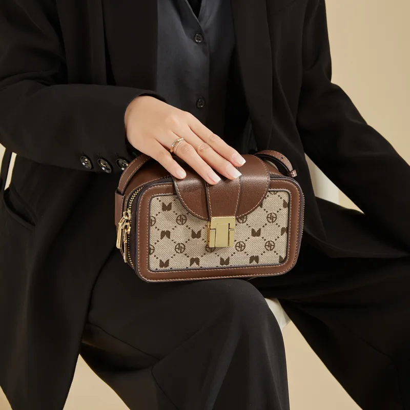 AOKANG Textile, Synthetic Leather Small Square Bag, Camera Bag, Shoulder Bag Medium Size Women's Ebony-1