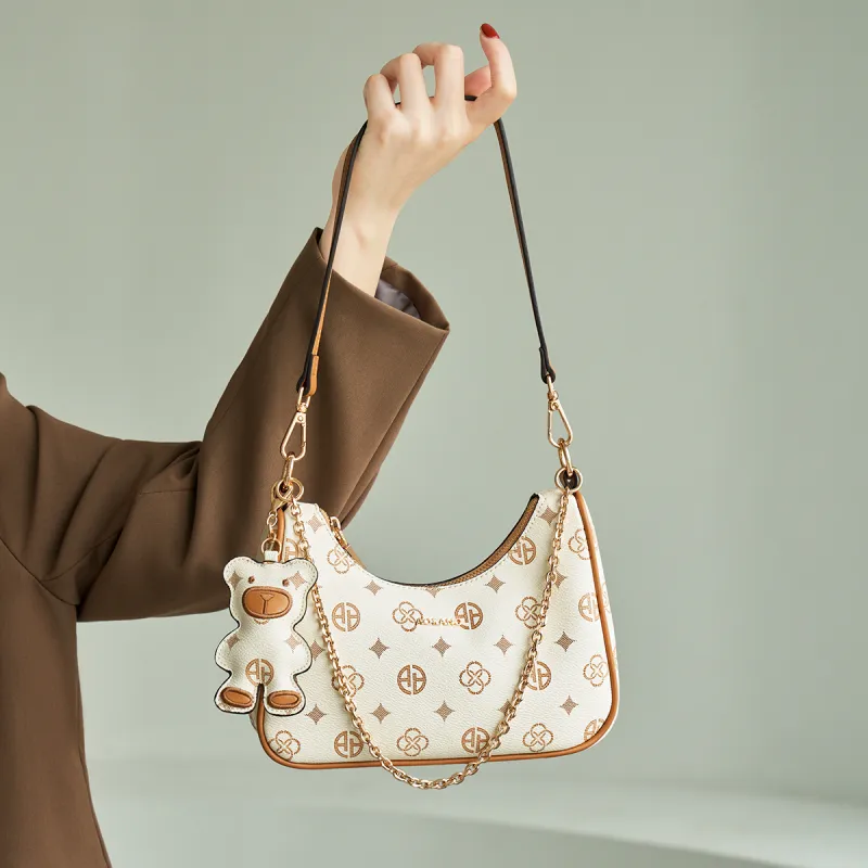 AOKANG PVC Shoulder Bag, Croissant Bag Regular Women's Coffee/Ecru-7
