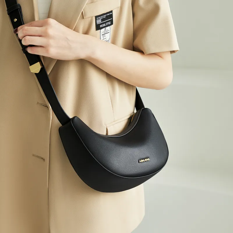 AOKANG Cow Leather Commute Bag, Croissant Bag, Crescent Bag, Shoulder Bag Small Size Women's Classic Black/Salt Khaki-2