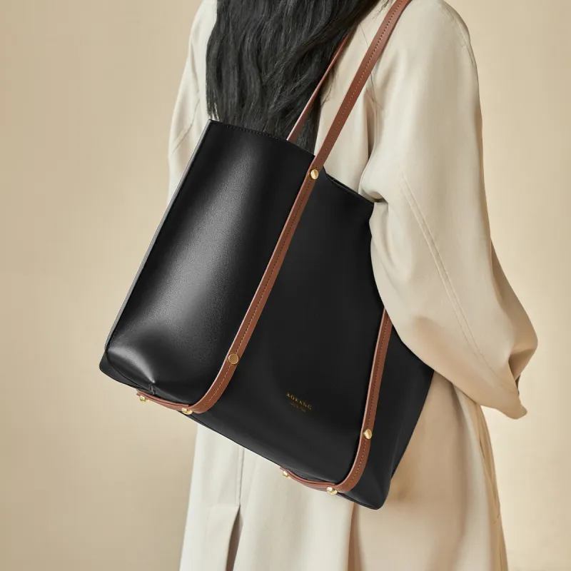 AOKANG Cow Leather With Synthetic Leather Shoulder Bag Large Size Women's Khaki/Classic Black-5