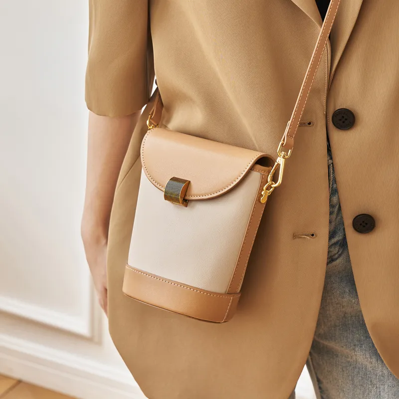 AOKANG Genuine Leather Bucket Bag, Shoulder Bag, Crossbody Bag Small Size Women's Coffee/Cream Apricot-8