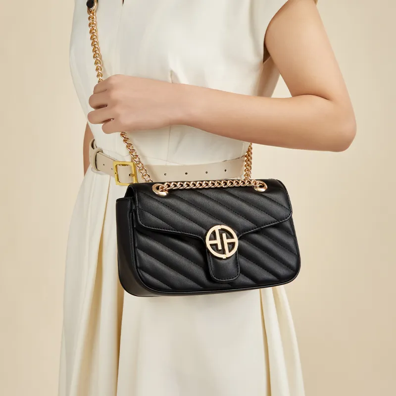AOKANG Cow Leather Shoulder Bag With Diamond Pattern Chain, Crossbody Bag Regular Women's Classic Black/Milkshake White-26
