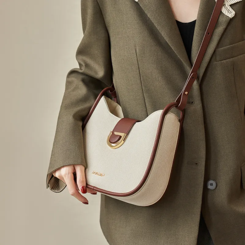 AOKANG Cow Leather Saddle Bag, Shoulder Bag, Commute Bag, Single Shoulder Bag Women's Ecru & Coffee/Ecru & Black-2
