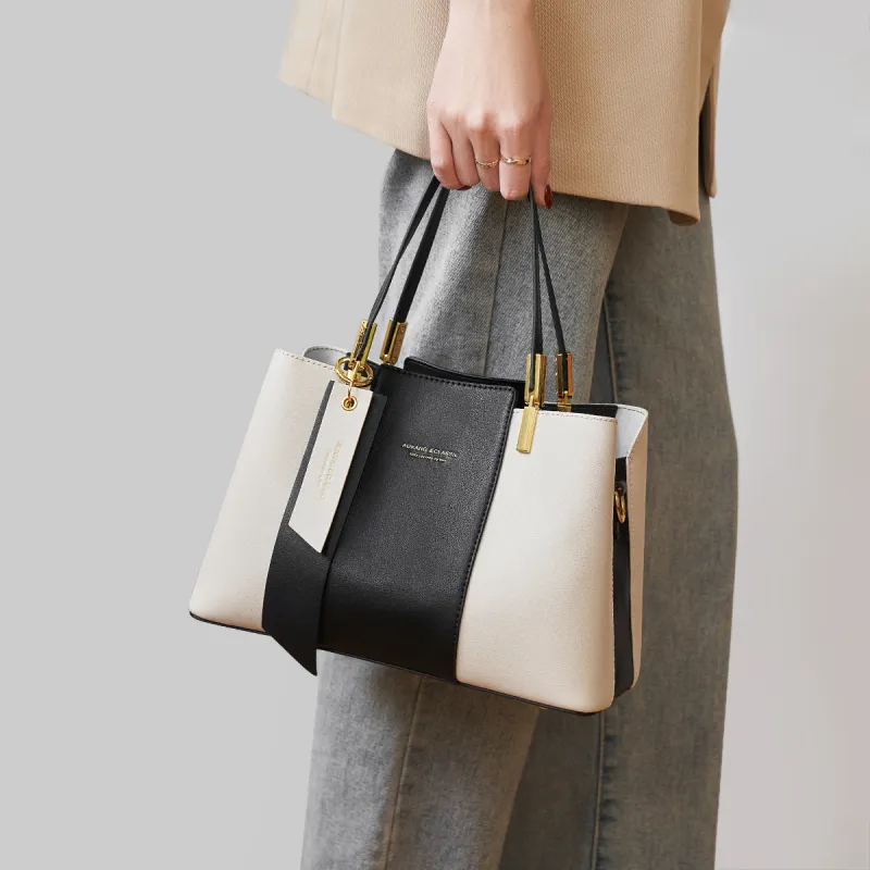 AOKANG Cow Leather Mom Bag, Tote, One Shoulder Handbag Medium Size Women's Light Coffee/Classic Black/Beige Apricot-6