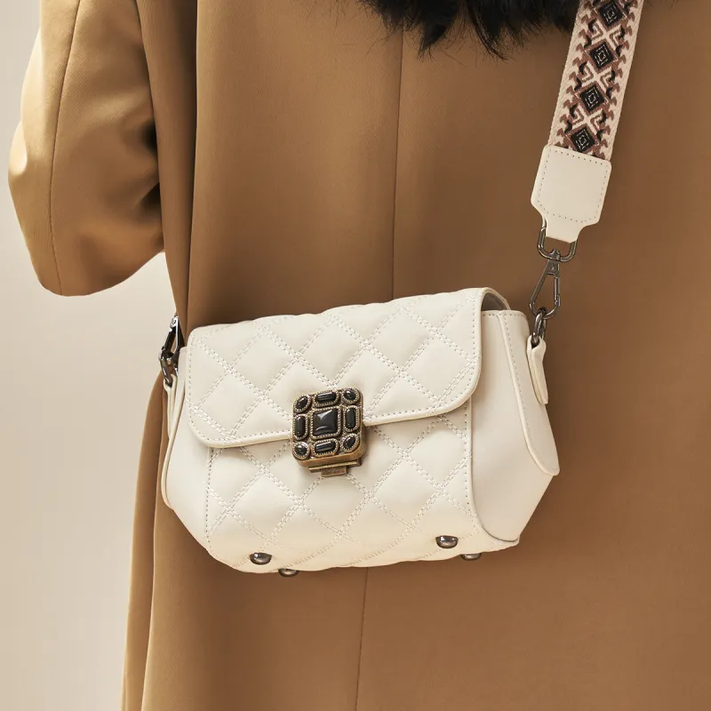 AOKANG Cow Leather Shoulder Bag, Crossbody Bag Regular Women's Elegant White/Classic Black-5