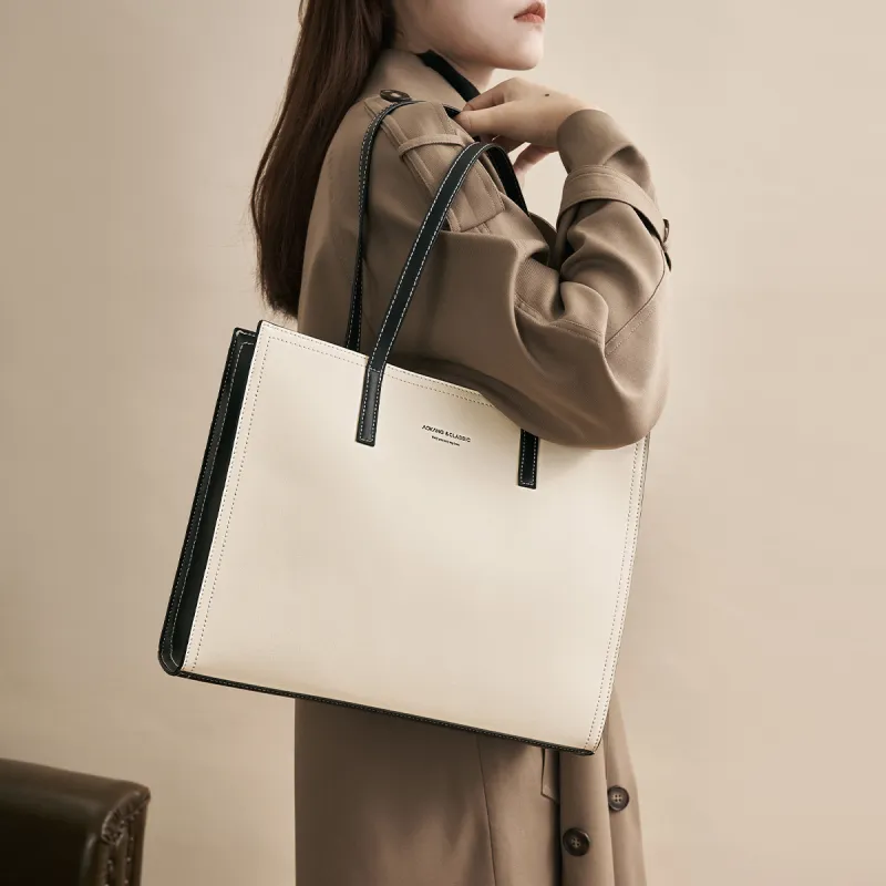 AOKANG Cow Leather Tote Bag, Shoulder Bag, Handbag Regular Women's Milkshake White & Hepburn Black-5