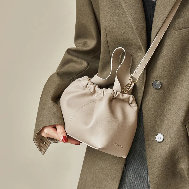 AOKANG Cow Leather Bucket Bag, Crossbody Handbag Small Size Women's Cream Apricot/Classic Black-1