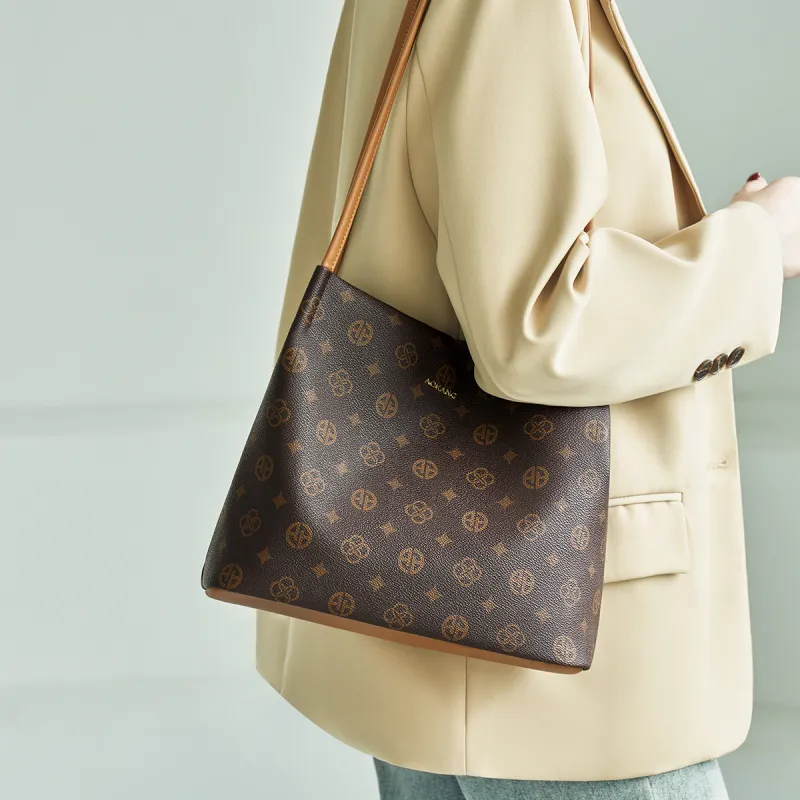 AOKANG PVC Tote Bag, Shoulder Bag, Commuter Bag, Shopping Bag Women's Coffee/Ecru-3
