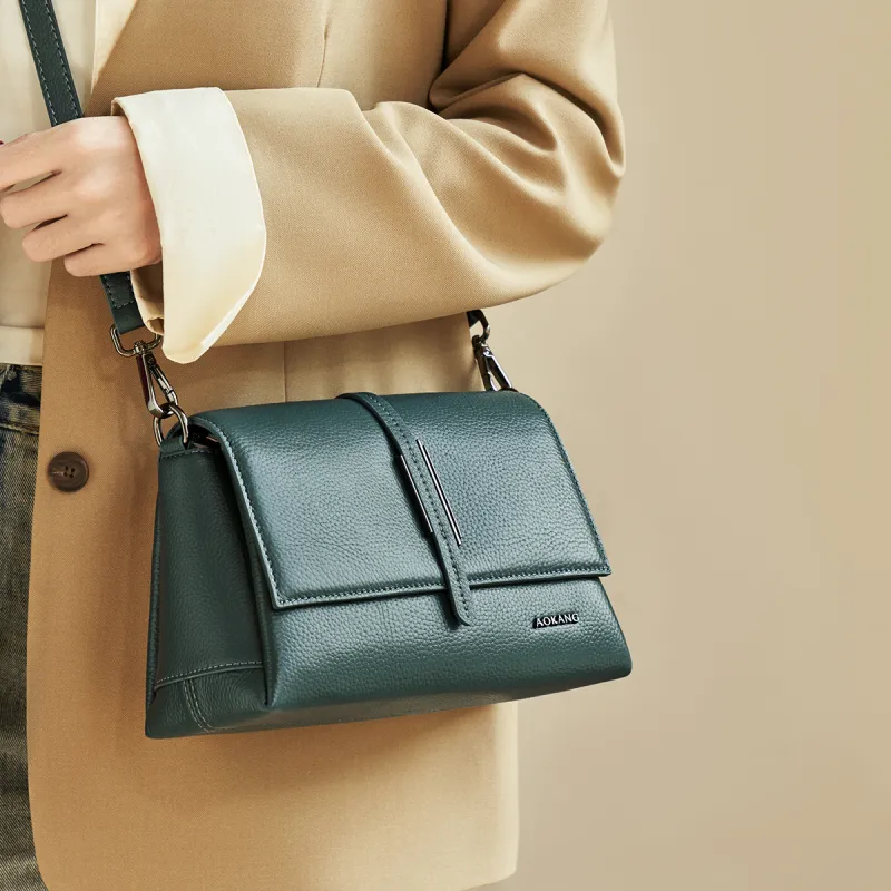 AOKANG Cow Leather With Synthetic Leather Crossbody Bag, Shoulder Bag Women's Pearl Blue/Classic Black-2