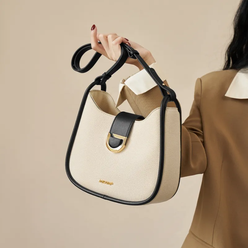 AOKANG Cow Leather Saddle Bag, Shoulder Bag, Commute Bag, Single Shoulder Bag Women's Ecru & Coffee/Ecru & Black-5