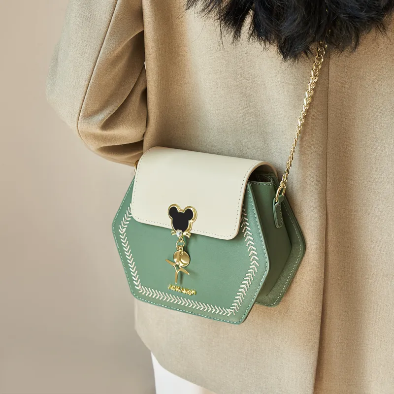 AOKANG Cow Leather Hexagonal Bag, Commute Bag, Shoulder Bag, Crossbody Bag Small Size Women's Cardamom Green/Black-2
