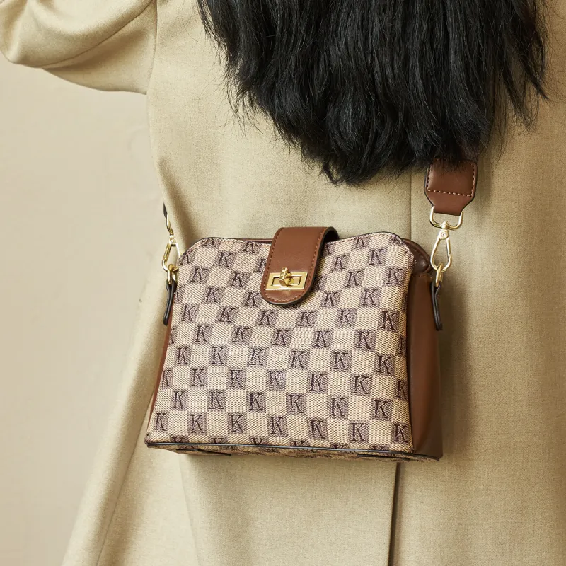 AOKANG PVC With Synthetic Leather Monogram Bag Commute Shoulder Bag, Crossbody Bag Women's Khaki Coffee/Caramel Brown-1