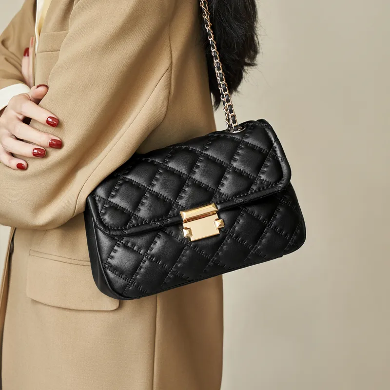 AOKANG Cow Leather Diamond Pattern Chain Bag Shoulder Bag Crossbody Bag Small Square Bag Regular Women's Hepburn Black-2