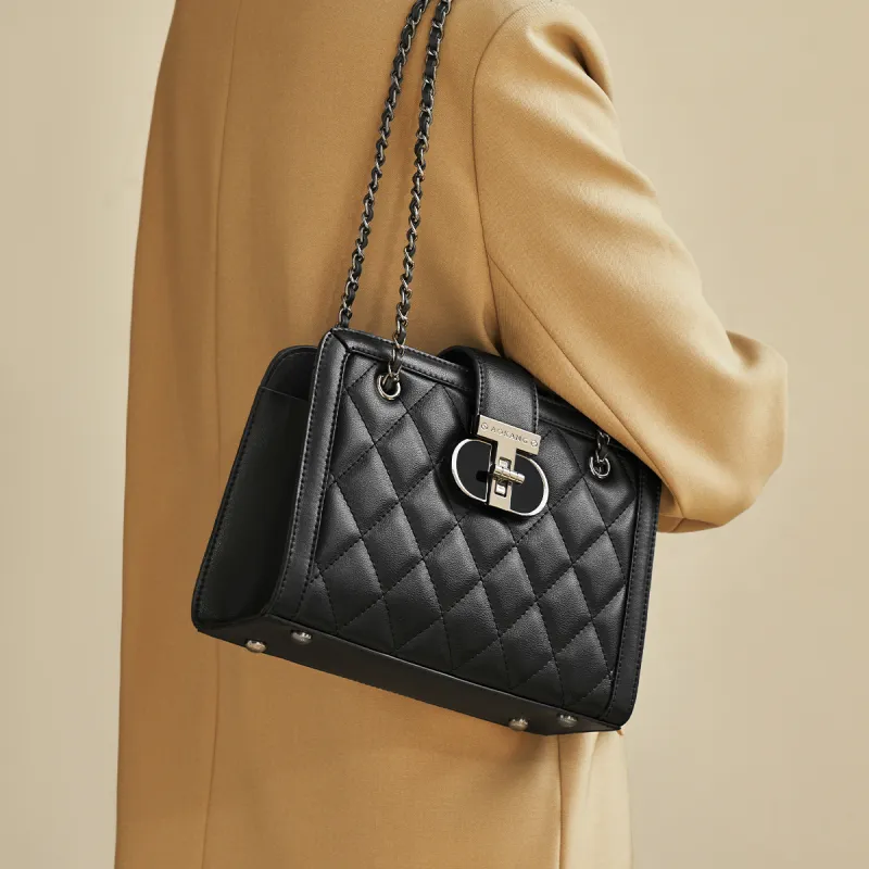 AOKANG Cow Leather Small Square Bag Diamond Pattern Chain Bag Shoulder Bag Medium Size Women's Classic Black/Ecru-1