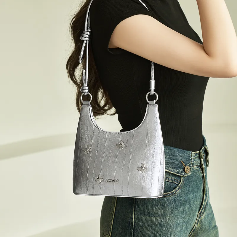 AOKANG Synthetic Leather Shoulder Bag Regular Women's Starlight Silver/Milk White/Midnight Black-2