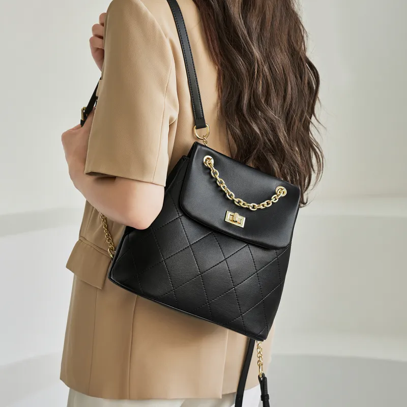 AOKANG Cow Leather Backpack, Diamond Pattern Chain Bag, Commuter Bag Medium Size Women's Classic Black/Ecru-9
