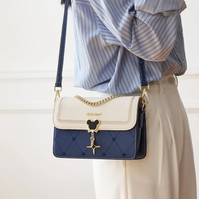 AOKANG Cow Leather Small Square Bag, Underarm Crossbody Bag Small Size Women's Ecru & Blue/Ecru & Green/Ecru & Brown-22