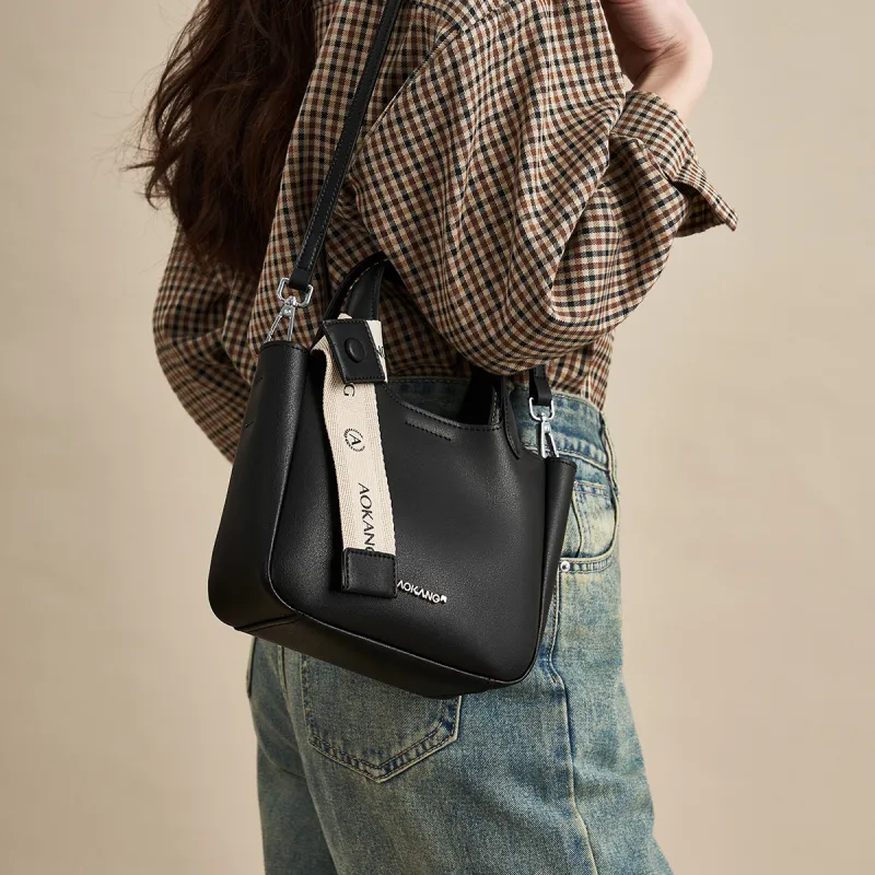 AOKANG Cow Split Leather Bucket Bag, Crossbody Bag, Handbag Regular Women's Cocoa Brown/Hepburn Black/Cream Apricot-14