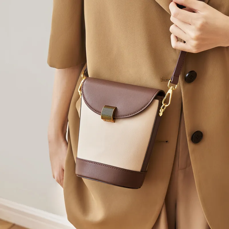 AOKANG Genuine Leather Bucket Bag, Shoulder Bag, Crossbody Bag Small Size Women's Coffee/Cream Apricot-4