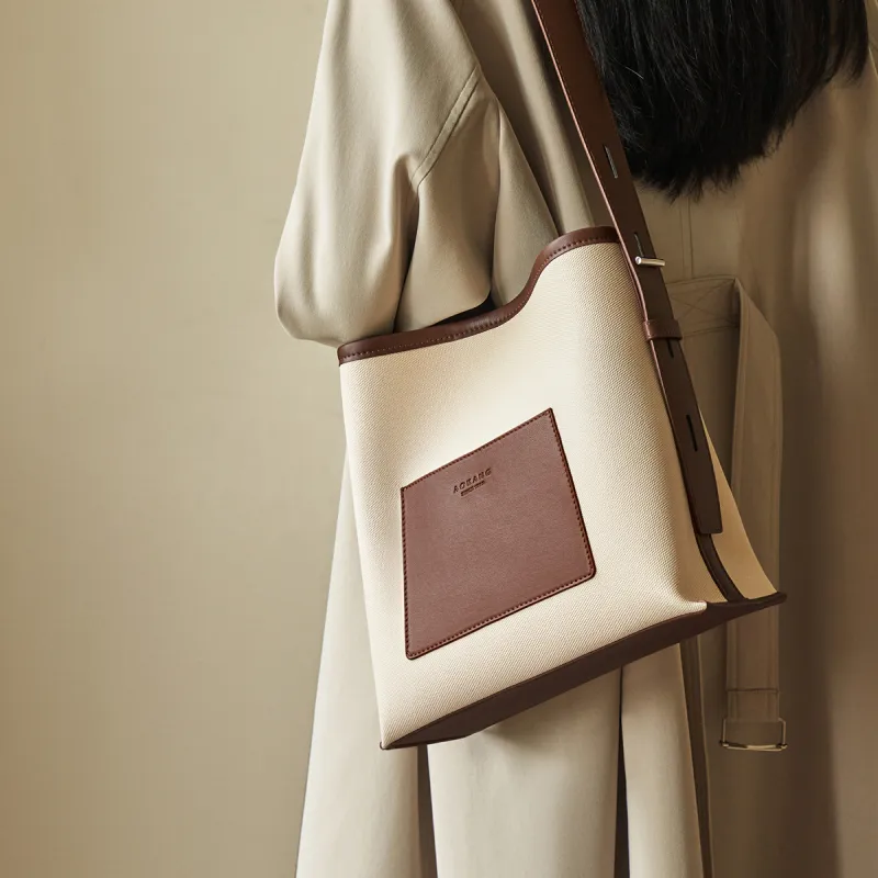 AOKANG Cow Leather Tote Bag, Shopping Bag, Bucket Bag, Shoulder Bag Large Size Women's Vil Brown/Kama Black-2